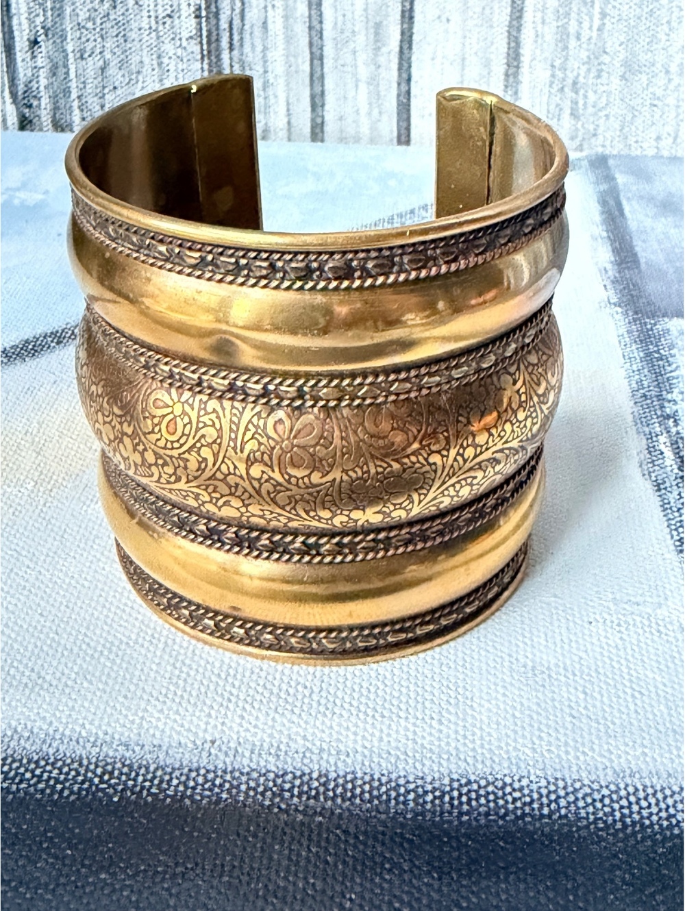 Vintage 1980's India Brass Engraved Wide Cuff Bracelet Boho